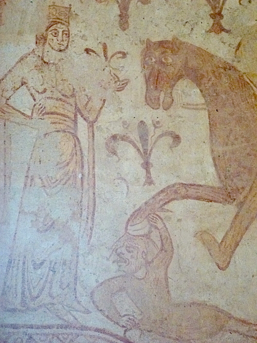 détail de la fresque du mur ouest de la chapelle templière de Cressac-Dognon; photo JP Schmit